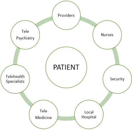 Patient -- Providers, Nurses, Security, Local Hospital, Telemedicine, Telehealth Specialists, Telepsychiatry